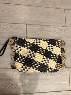A New Day Woven Check Pompom Wristlet Clutch - Black & Cream